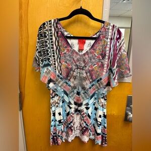 Christina Multicolor Printed V-Neck Flutter-Sleeve Tunic - Blue, Pink, Black